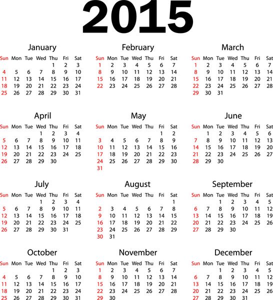 تقویم 2015 هفته از یکشنبه شروع می شود وکتور