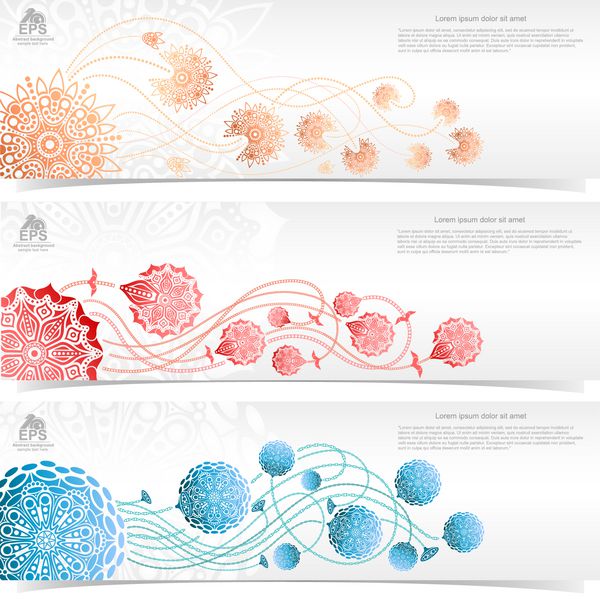 سه کاغذ سفید با بنرهای سایه دار یا کارت با گرافیک انتزاعی با شبح عامیانه گل های رنگی مختلف