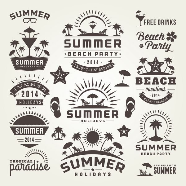 عناصر طراحی تابستانی و طراحی تایپوگرافی الگوهای قدیمی و قدیمی تعطیلات ساحلی و بهشت استوایی زیورآلات خوشنویسی برچسب ها نشان ها کارت ها را شکوفا می کند مجموعه وکتور
