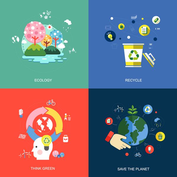 مجموعه ای از نمادهای مفهومی طراحی مسطح برای خدمات و برنامه های وب و تلفن همراه نمادهایی برای محیط زیست سبز فکر کنید بازیافت کنید و سیاره را نجات دهید