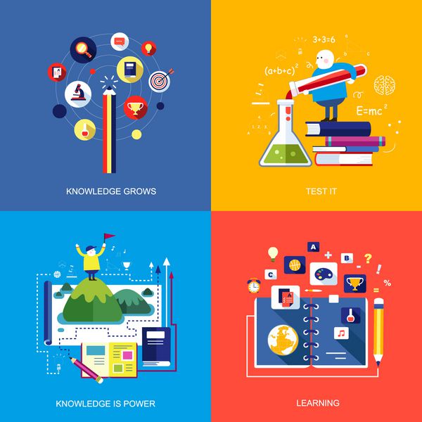 مجموعه ای از نمادهای مفهومی طراحی مسطح برای خدمات و برنامه های وب و تلفن همراه نمادهایی برای یادگیری دانش رشد می کند آن را آزمایش کنید دانش قدرت است