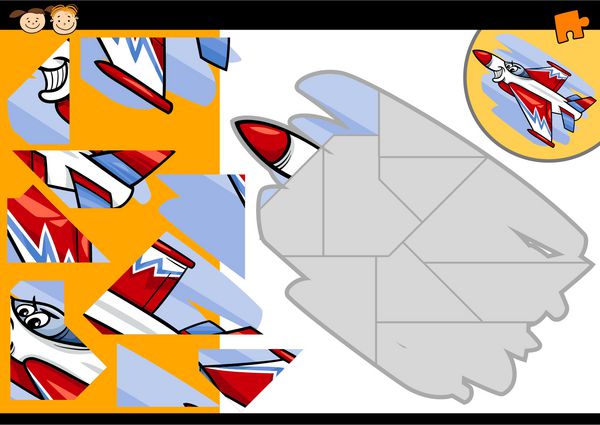 وکتور کارتونی آموزش بازی پازل اره منبت کاری اره مویی برای کودکان پیش دبستانی با شخصیت هواپیمای جنگنده جت خنده دار