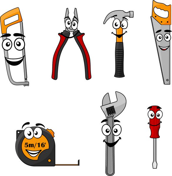 مجموعه ای از ابزارهای دست ساز کارتونی با لبخندهای شاد