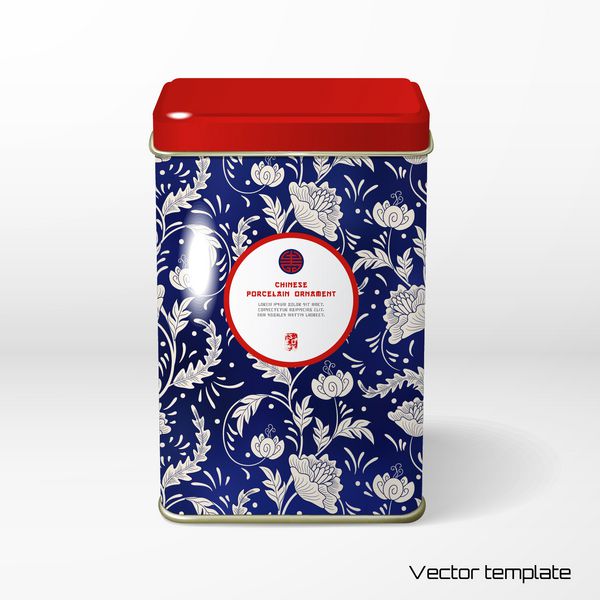 جسم وکتور بسته بندی قلع مربع چای قهوه محصولات خشک الگوی گل زیبا تقلید از نقاشی چینی چینی لطفا برای متن شما
