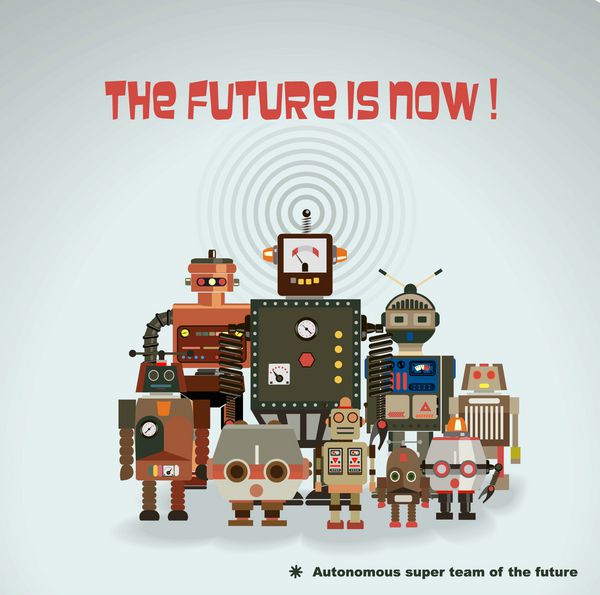پوستر خالی سرگرم کننده تیم روبات های رترو آینده اکنون است