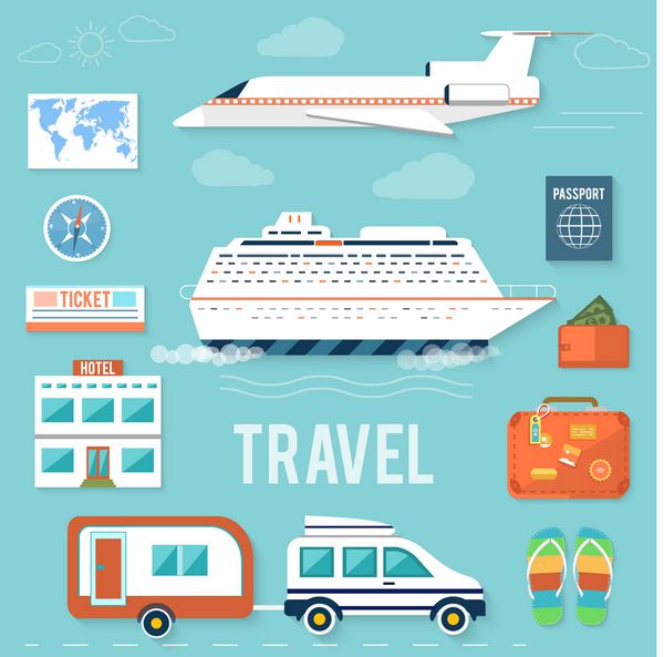 مجموعه آیکون های سفر برنامه ریزی برای تعطیلات تابستانی اشیاء گردشگری و سفر و چمدان مسافر در طراحی تخت انواع مختلف سفر مفهوم سفر در دنیای تجارت