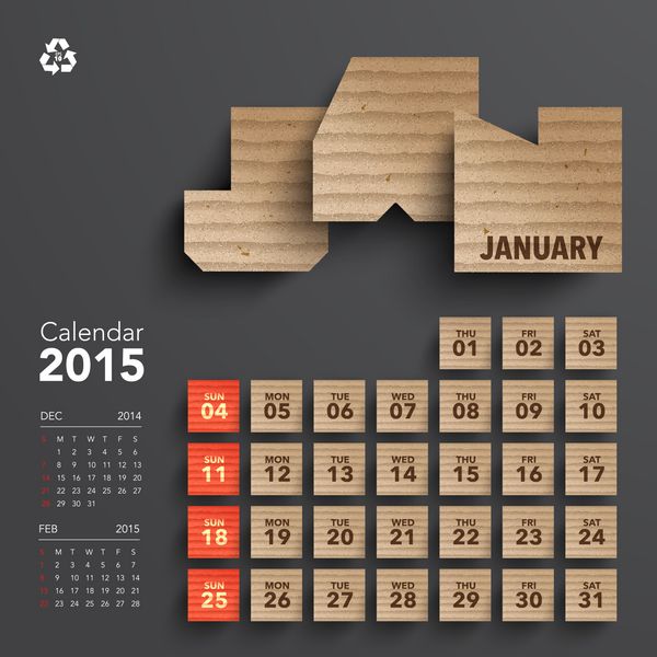 وکتور طرح تقویم مقوایی 2015 - ژانویه
