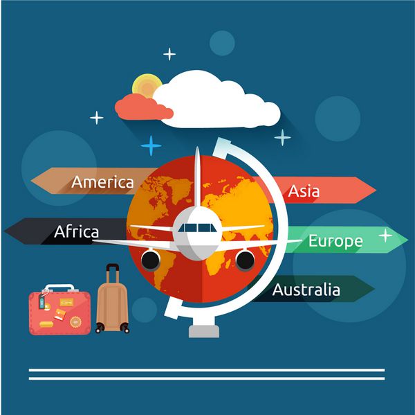 مفهوم هوانورد در طراحی تخت هواپیماهایی که بر فراز نقشه در کشورهای مختلف پرواز می کنند مجموعه آیکون های سفر برنامه ریزی برای تعطیلات تابستانی اشیاء گردشگری و سفر و چمدان مسافر