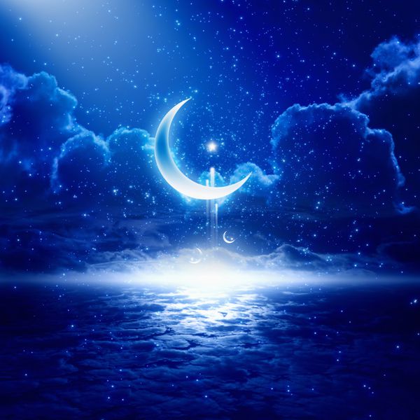 پس زمینه عید مواک با ماه و ستارگان درخشان ماه مبارک رمضان کریم افق درخشان