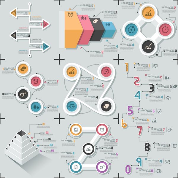 مجموعه ای از 9 قالب اینفوگرافیک مینیمال مسطح بردار می تواند برای طراحی وب طرح گردش کار رسانه های اجتماعی سرگرمی و بازی استفاده شود