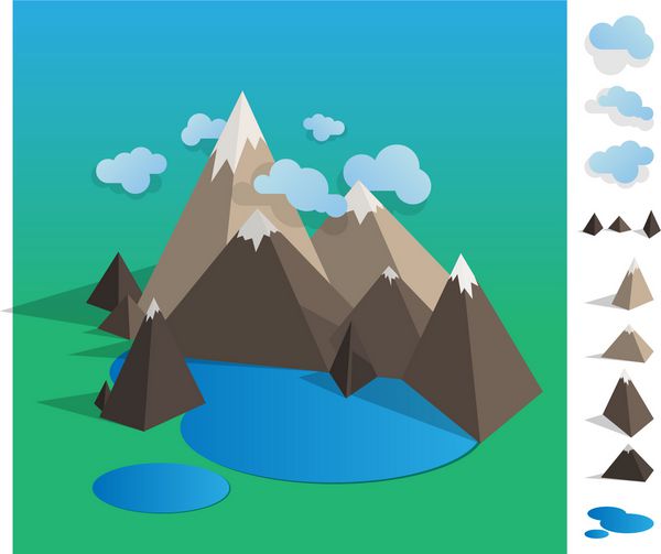 تصویر هندسی منظره کوه با دریاچه رنگارنگ با عناصر استفاده شده مانند ابر کوه دریاچه - eps