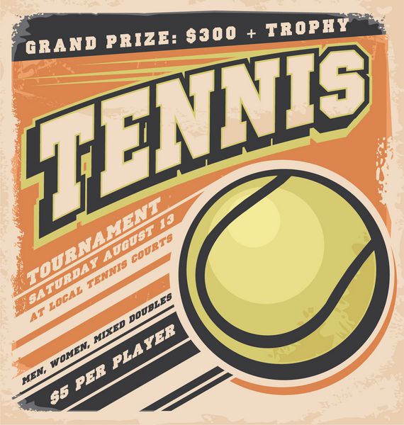 طراحی پوستر رترو برای مسابقات تنیس الگوی وکتور بروشور قدیمی با توپ تنیس مفهوم طراحی خلاقانه ورزشی و تفریحی