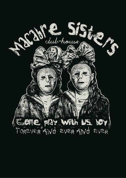 طراحی کلوپ خواهران خشن برای چاپ پوستر یا تی شرت با دو دختر کوچک در ماسک های عجیب و غریب با کمان فونت و بافت وکتور افکت گرانج در لایه جداگانه