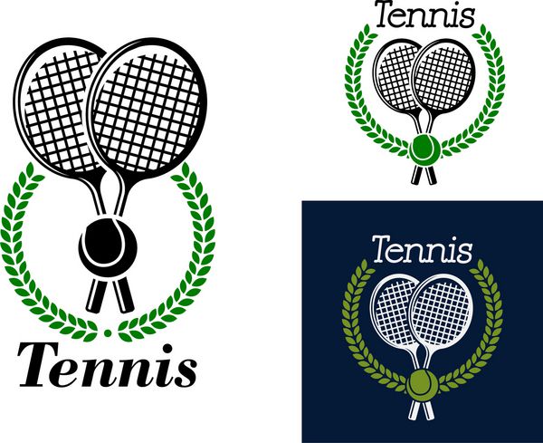 نشان تنیس با راکت های تنیس ضربدری و یک توپ احاطه شده با لوگوی تاج گل دایره ای با متن - تنیس - در سه رنگ