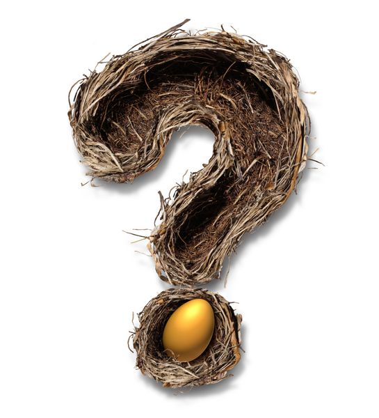 سوالات و پس انداز لانه بازنشستگی به عنوان یک مفهوم تجاری برنامه ریزی مالی با استعاره لانه پرنده به شکل علامت سوال با یک تخم مرغ طلایی در پس زمینه سفید