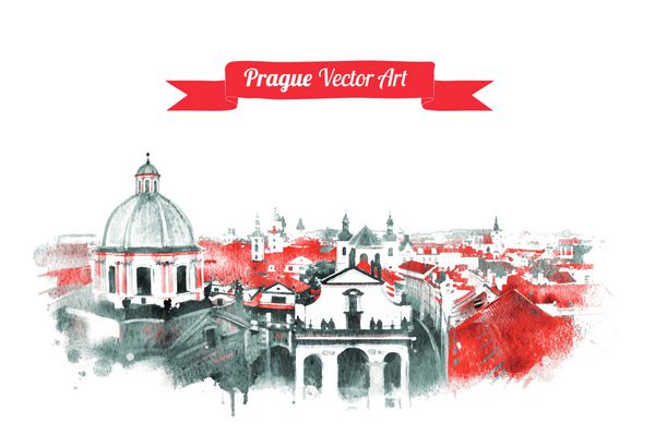 کارت پستال قدیمی با منظره افق پراگ قدیمی جمهوری چک هنر بافت آبرنگ وکتور