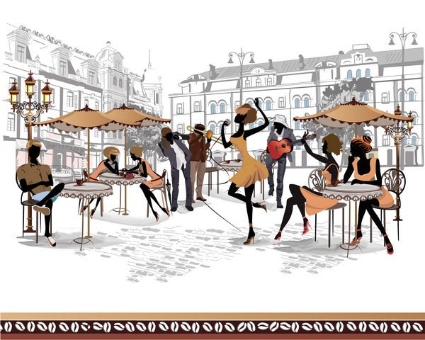 مجموعه ای از کافه های خیابانی در شهر با مردم در حال نوشیدن قهوه و نوازندگان