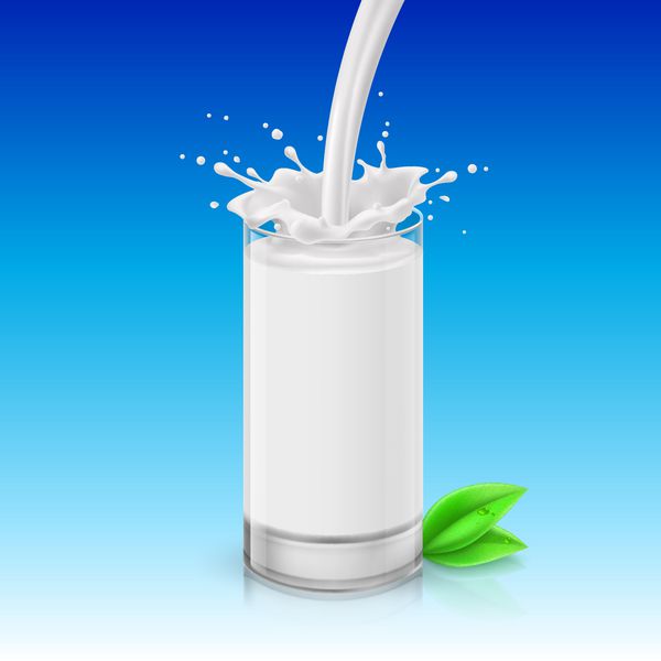 ریختن شیر در لیوان با پاشیده شدن برگهای سبز در نزدیکی تصویر در پس زمینه آبی محصول ارگانیک
