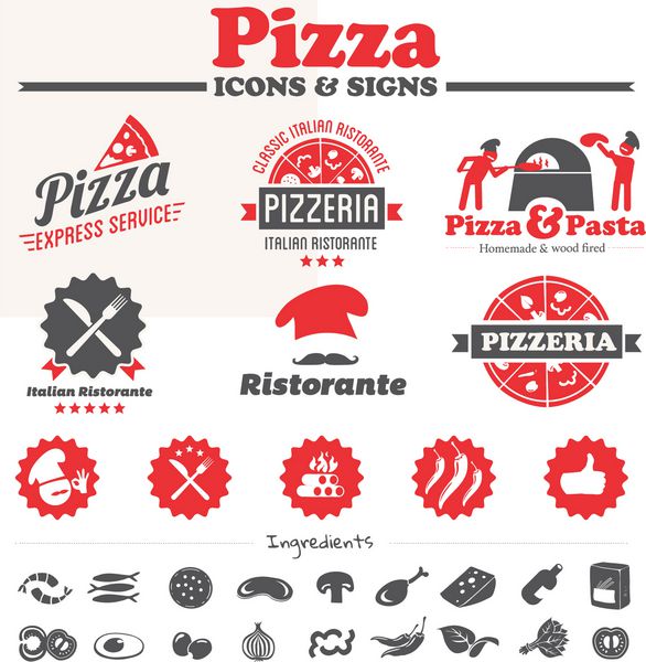 مجموعه عناصر وکتور نمادهای پیتزا برچسب ها نمادها