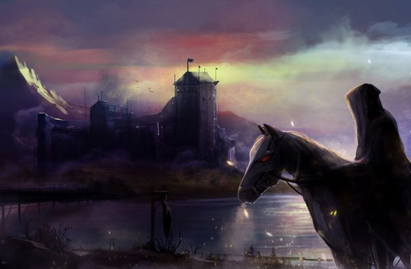 قلعه سوارکار سیاه فانتزی سوار اسب سیاه با تصویر پس زمینه نمای قلعه