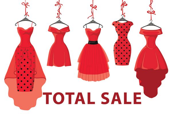 مجموعه ای از لباس های دنباله دار قرمز رنگ روی روبان آویزان شده است زینت نقطه پولکا الگوی طراحی برای فروش کلی جنس و جشن تصویر مدوکتور