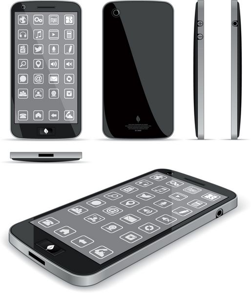 تلفن هوشمند مشکی - چند نما - وکتور که یک تلفن هوشمند را در موقعیت های مختلف نشان می دهد صفحه نمایش متناسب با فرمت hd 1080p است نوع فایل وکتور eps ai8 سازگار