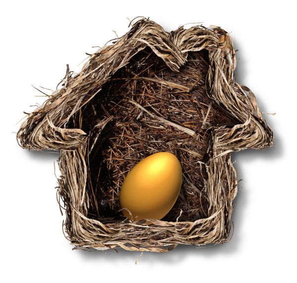 نماد امور مالی خانه و سهام مسکونی به عنوان یک لانه پرنده به شکل یک خانه خانوادگی با یک تخم طلا به عنوان استعاره ای برای برنامه ریزی امنیت مالی و سرمایه گذاری در املاک و مستغلات برای آزادی بازنشستگی