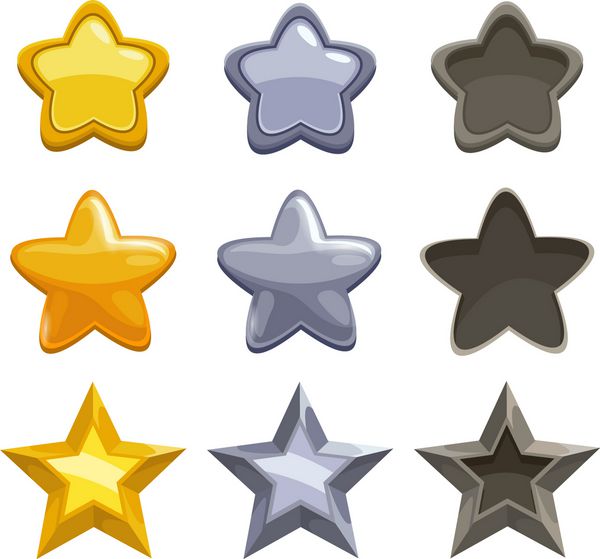 مجموعه ای از ستاره های کارتونی طلایی نقره ای و غیر فعال عناصر بازی وکتور جدا شده در پس زمینه سفید