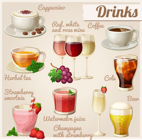 مجموعه ای از آیکون های غذا نوشیدنی ها فنجان کاپوچینو قرمز سفید و گل رز در لیوان فنجان قهوه چای گیاهی کولا با تکه های یخ اسموتی توت فرنگی آب هندوانه شامپاین لیوان
