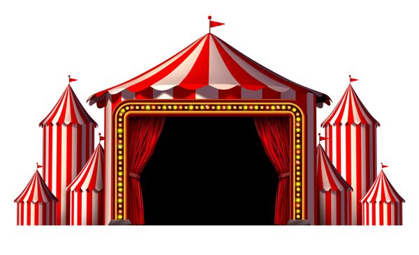 چادر صحنه سیرک به عنوان گروهی از چادرهای کارناوال بزرگ با پرده قرمز باز به عنوان نماد سرگرمی سرگرم کننده برای جشن تئاتر یا جشنواره مهمانی جدا شده بر روی پس زمینه سفید
