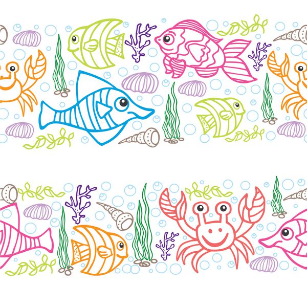 الگوی حاشیه بدون درز ابله مجموعه ای از زندگی دریایی خنده دار ماهی خرچنگ مرجان جلبک دریایی تصویر طرح کلی رنگی در پس زمینه موج استفاده برای پارچه کاغذ دیواری پس زمینه کاغذ بسته بندی وکتور