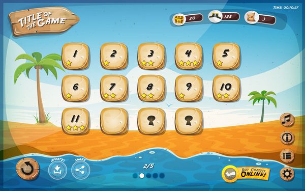 طراحی رابط کاربری بازی جزیره کویر برای تصویر تبلت پس زمینه رابط کاربری بازی گرافیکی تابستانی استوایی ساحلی خنده دار به سبک کارتونی با دکمه های پایه برای تبلت با صفحه نمایش عریض