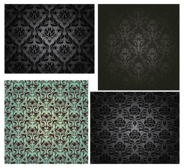 مجموعه الگوی وکتور بدون درز damask طراحی زیبا در پس زمینه به سبک اوکی عنصر گل و چرخش رنگ شیب سیاه خاکستری آبی-سبز ایده آل برای چاپ پارچه و کاغذ دیواری