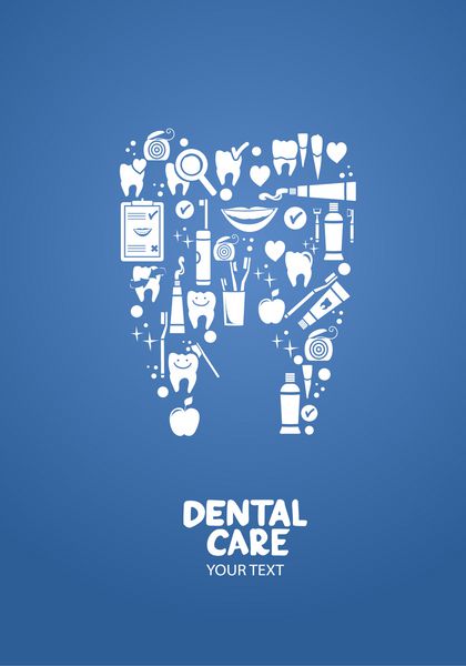 مفهوم طراحی مراقبت از دندان نماد دندان ساخته شده از نمادهای دندانی نخ دندان مسواک خمیر دندان تشخیص دندان و غیره