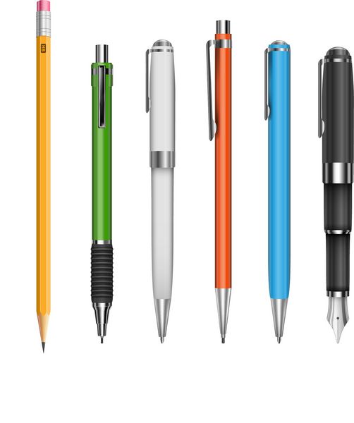 مجموعه بزرگی از خودکارها و مدادهای رنگی مهندسی و اداری وکتور