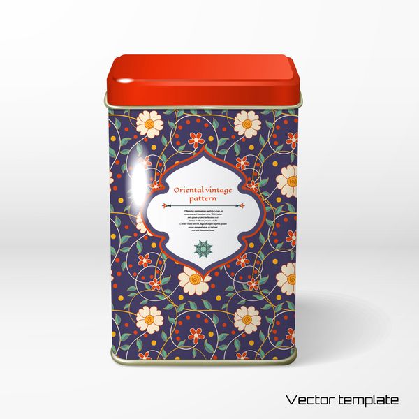 جسم وکتور بسته بندی قلع مربع چای قهوه محصولات خشک گل زیبای شرقی قاب برای متن شما