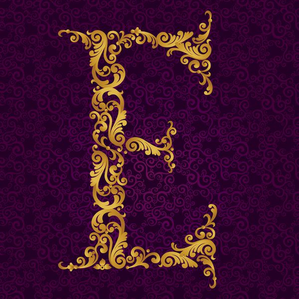 فونت طلایی نوع حرف e بزرگ وکتور عنصر Oque از الفبای طلایی ساخته شده از فر و نقوش گل عنصر abc ویکتوریایی در وکتور