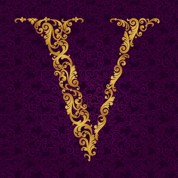 نوع فونت طلایی حرف v بزرگ وکتور عنصر Oque از الفبای طلایی ساخته شده از فر و نقوش گل عنصر abc ویکتوریایی در وکتور