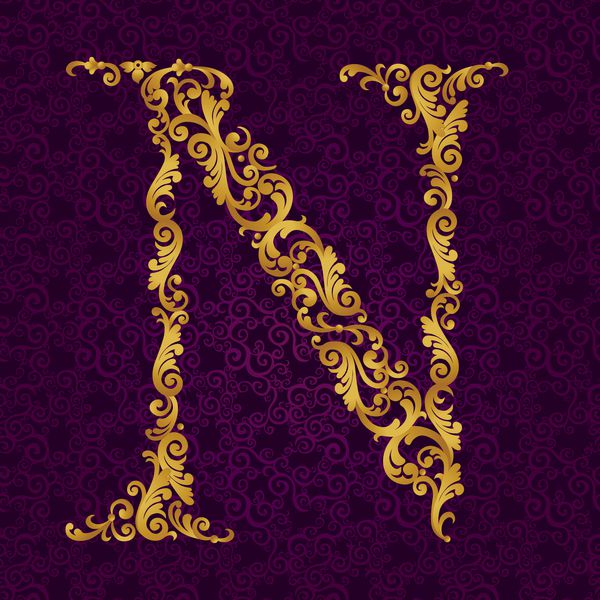 فونت طلایی نوع حرف n بزرگ وکتور عنصر Oque از الفبای طلایی ساخته شده از فر و نقوش گل عنصر abc ویکتوریایی در وکتور