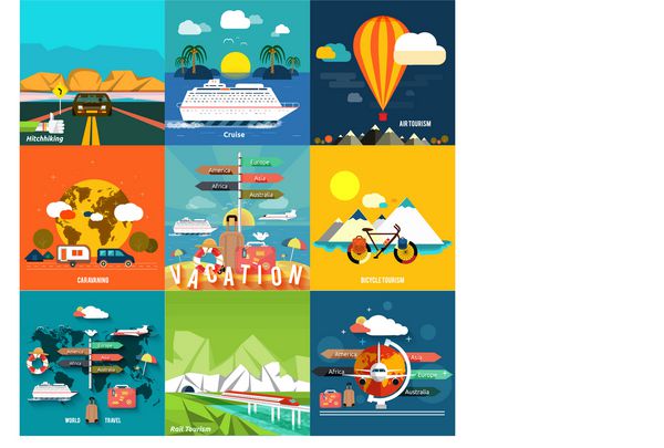 مجموعه آیکون هایی از سفر برنامه ریزی برای تعطیلات تابستانی گردشگری و اشیاء سفر سوارکاری و چمدان مسافر در طراحی تخت انواع مختلف سفر مفهوم سفر کاری