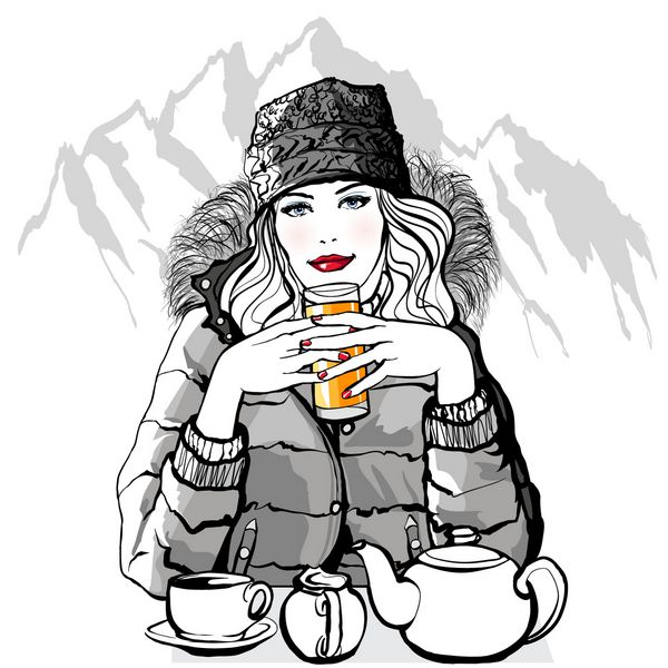 کوه - صبحانه زن جوان قبل از اسکی - وکتور