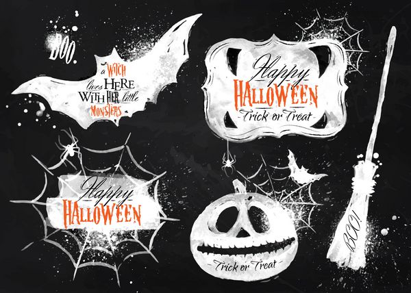 مجموعه هالووین نمادهای هالووین کشیده شده کدو تنبل جارو خفاش تار عنکبوت حروف و طراحی تلطیف شده با گچ روی تخته سیاه