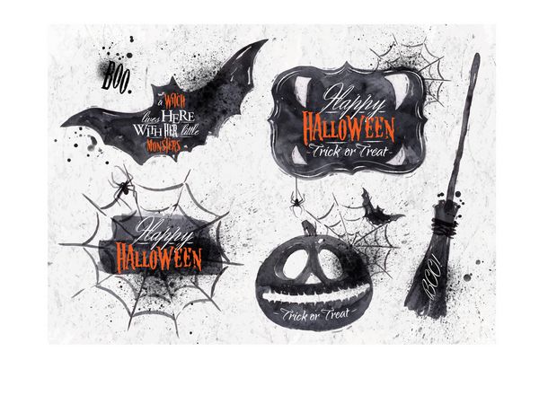 مجموعه هالووین نمادهای هالووین ترسیم شده کدو تنبل جارو خفاش تار عنکبوت حروف و طراحی تلطیف شده به سبک قدیمی