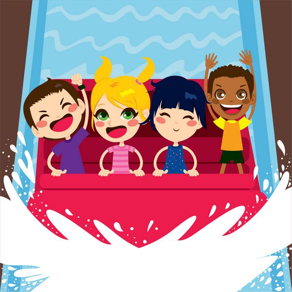 چهار کودک شاد در حال لذت بردن از قایق آبی در شهربازی