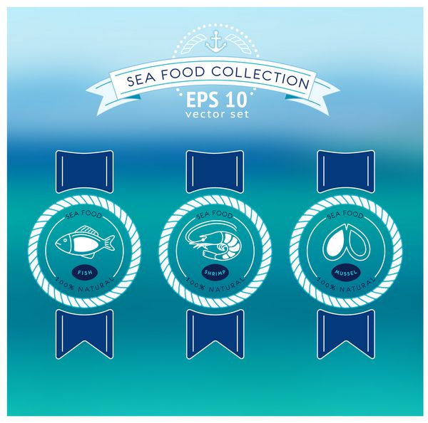 وکتور برچسب غذاهای دریایی و علامت روی پس زمینه دریا تار تم دریا با ماهی میگو صدف استفاده برای بسته بندی پوستر