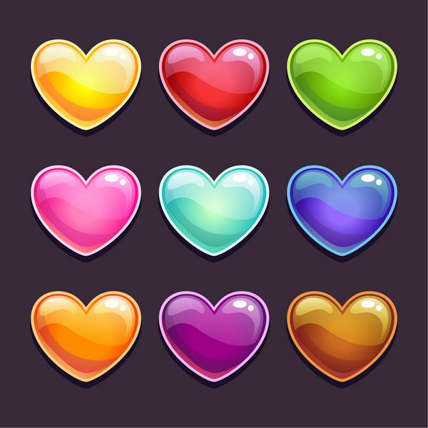 قلب های براق کارتونی زیبا در رنگ های مختلف وکتور جدا شده روی رنگ های تیره