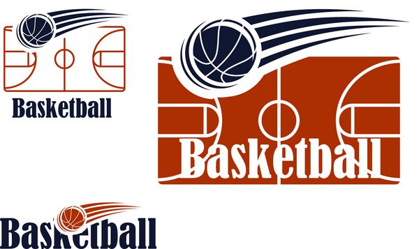 نماد بسکتبال با زمین خالی توپ و متن رنگی سیاه و قرمز برای ورزش آرم ورزشی و طراحی اوقات فراغت