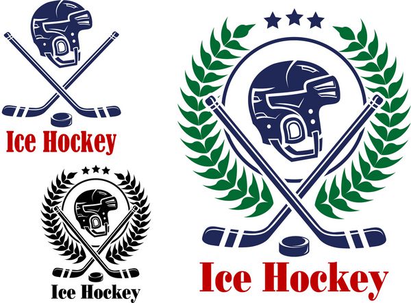 نماد هاکی روی یخ با کلاه ایمنی تاج گل چوب و چوب هاکی مناسب برای طراحی لوگو یا نشان ورزشی