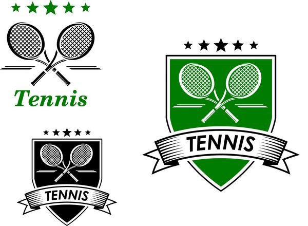 نشان ورزشی تنیس با راکت توپ و عناصر تزئینی جدا شده روی سفید مناسب برای ورزش یا طراحی لوگو