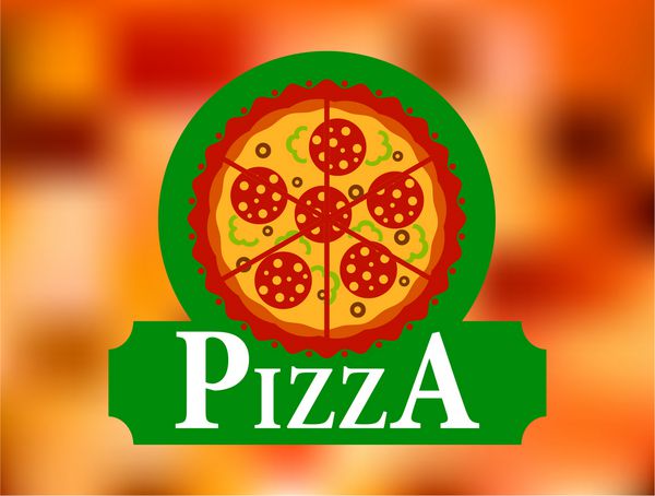 برچسب پیتزا گرد رنگی ایتالیایی در پس زمینه تار رنگ قرمز برای طراحی رستوران فست فود